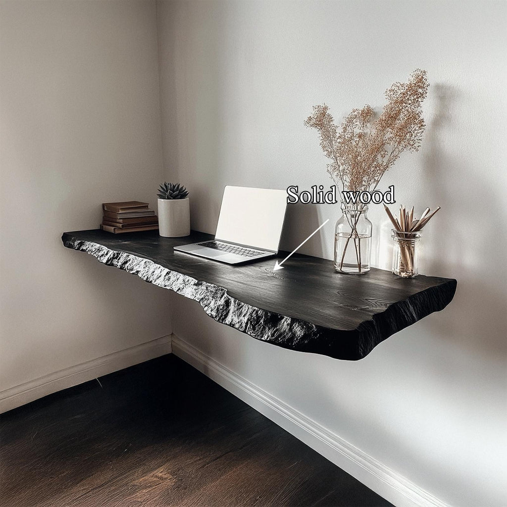 Rustic Wall-Mounted Floating Desk, Handcrafted Solid Wood Writing Laptop Vanity Table for Small Bedroom
