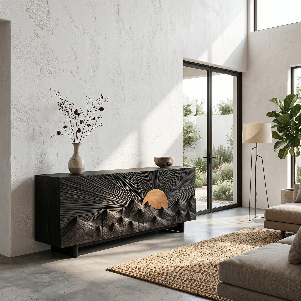 Contemporary Landscape Sideboard with Sculptural Carved Wood Doors, Artistic Living Room Buffet Credenza