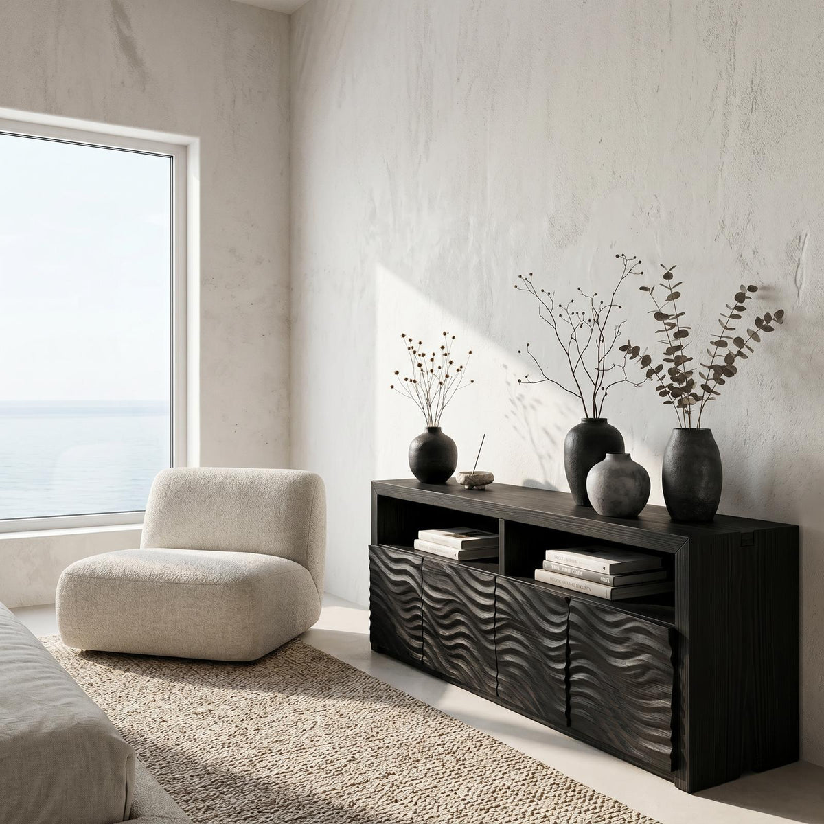 Contemporary Sideboard with Geometric Carved Wood Doors & Functional Storage Cabinet, Living Room Credenza