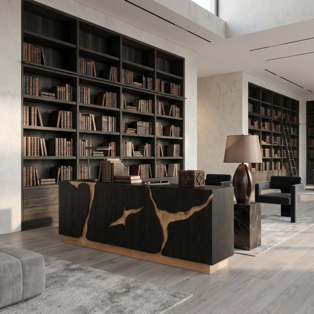 Organic Sideboard with Charred Wood Doors & Natural Live Edge Inlay, Shou Sugi Ban Buffet Credenza Console