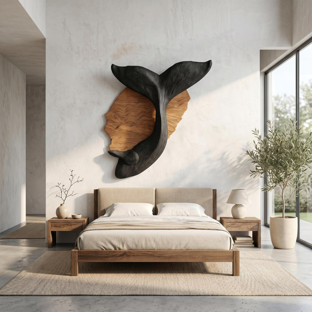 Organic Whale Tail Wooden Wall Art, Handcrafted Coastal Nautical Marine Decor for Bedroom & Living Room