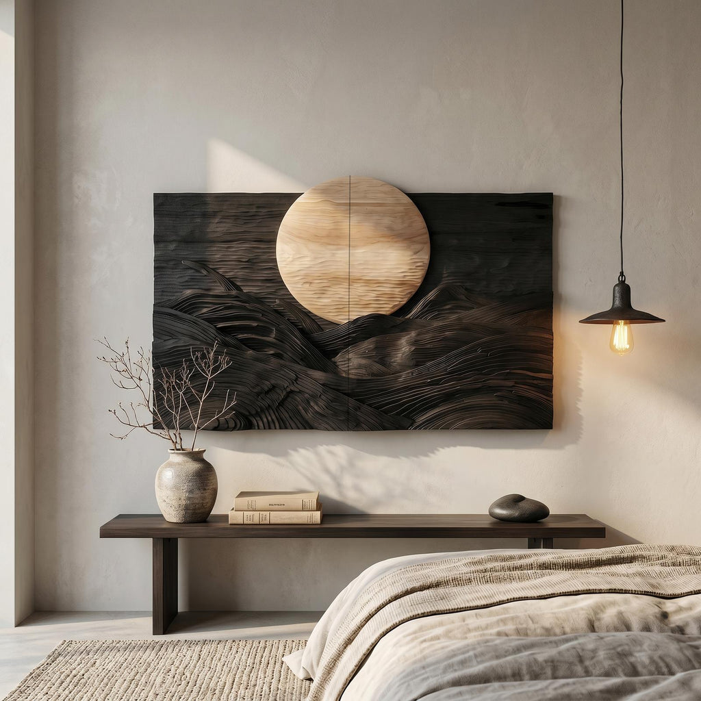 Rustic Mountain Sunrise Wooden Wall Art, 3D Carved Wood Landscape Scene Decor for Bedroom & Living Room