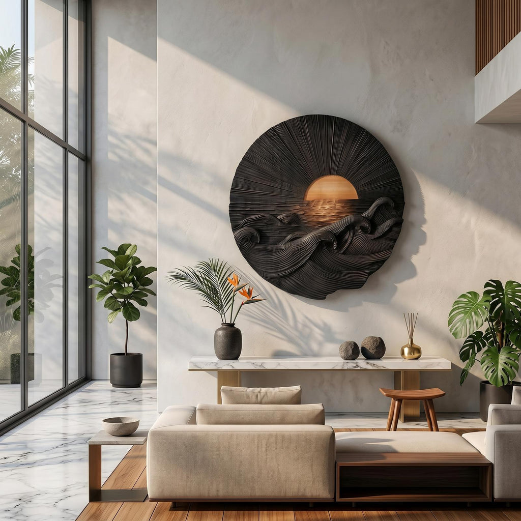 Organic Sunrise Wooden Wall Art, Carved Landscape Sunburst Panel Decor for Living Room, Entryway