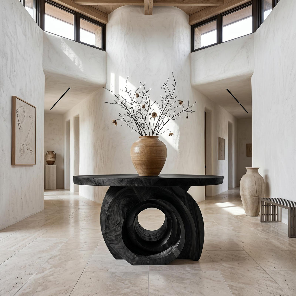 Modern Round Foyer Table, Sculptural Ring Pedestal Solid Wood Entryway & Hallway Accent Table