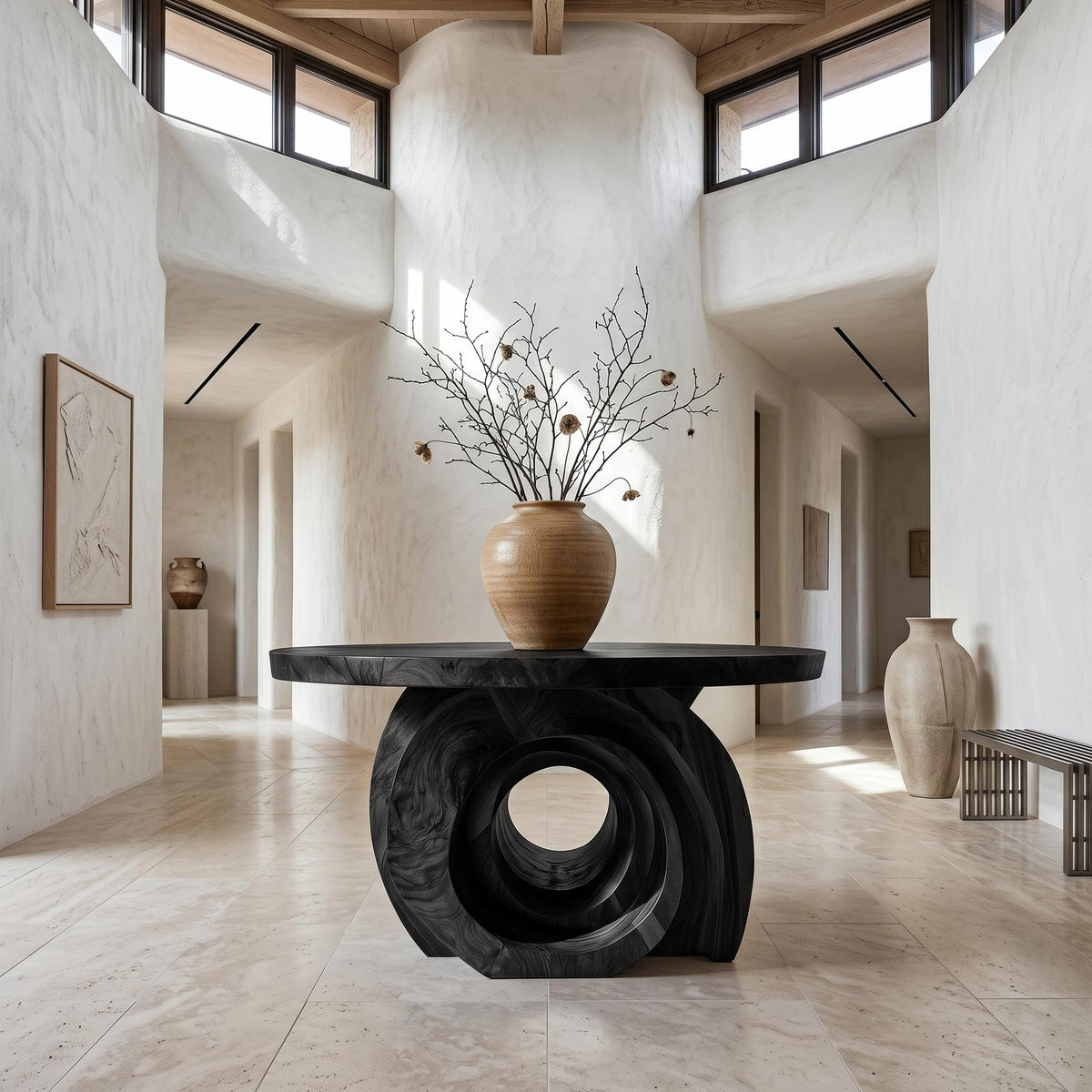 Modern Round Foyer Table, Sculptural Ring Pedestal Solid Wood Entryway & Hallway Accent Table
