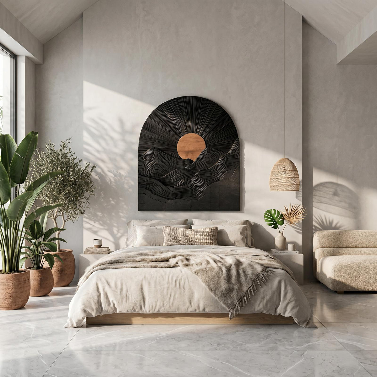 Sunburst Wall Art, Round Sculptural Wooden Relief Panel Decor for Living Room, Bedroom & Entryway