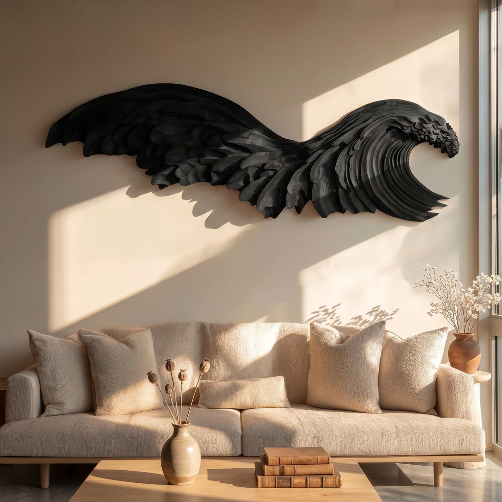 Ocean Wave Wooden Wall Art, Handcrafted Sculptural Carved Wood Hanging Decor for Living Room and Bedroom