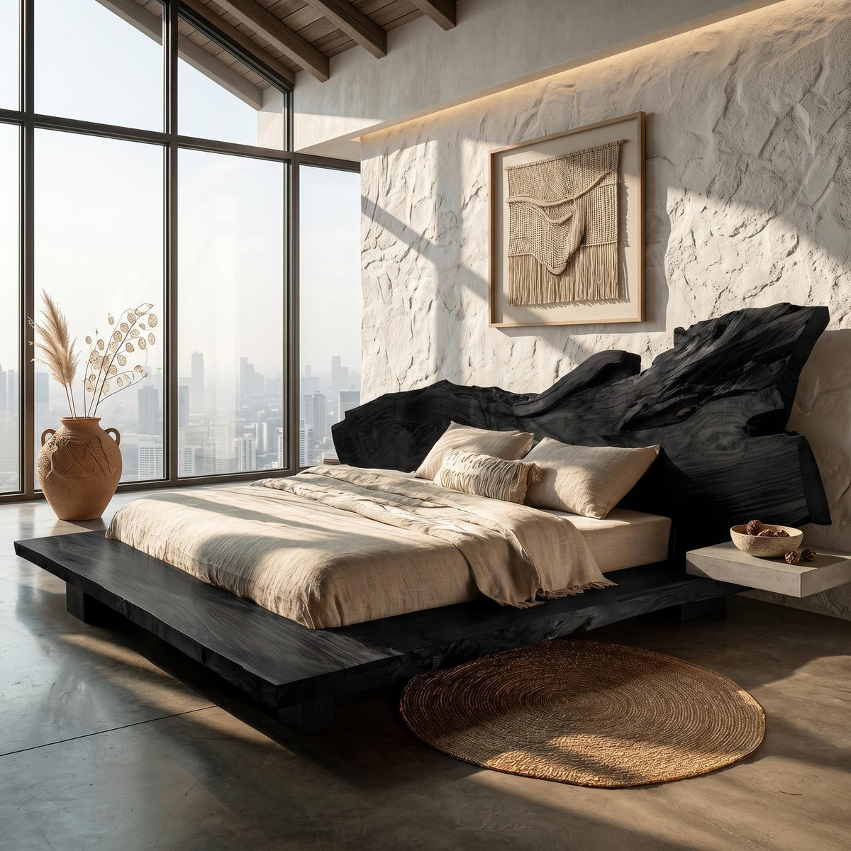 Spry Interior Modern Bed Frame with Live Edge Headboard, Handcrafted Solid Wood Platform Bed Frame, King Queen Bedroom Bed Furniture, SINLSAWB130