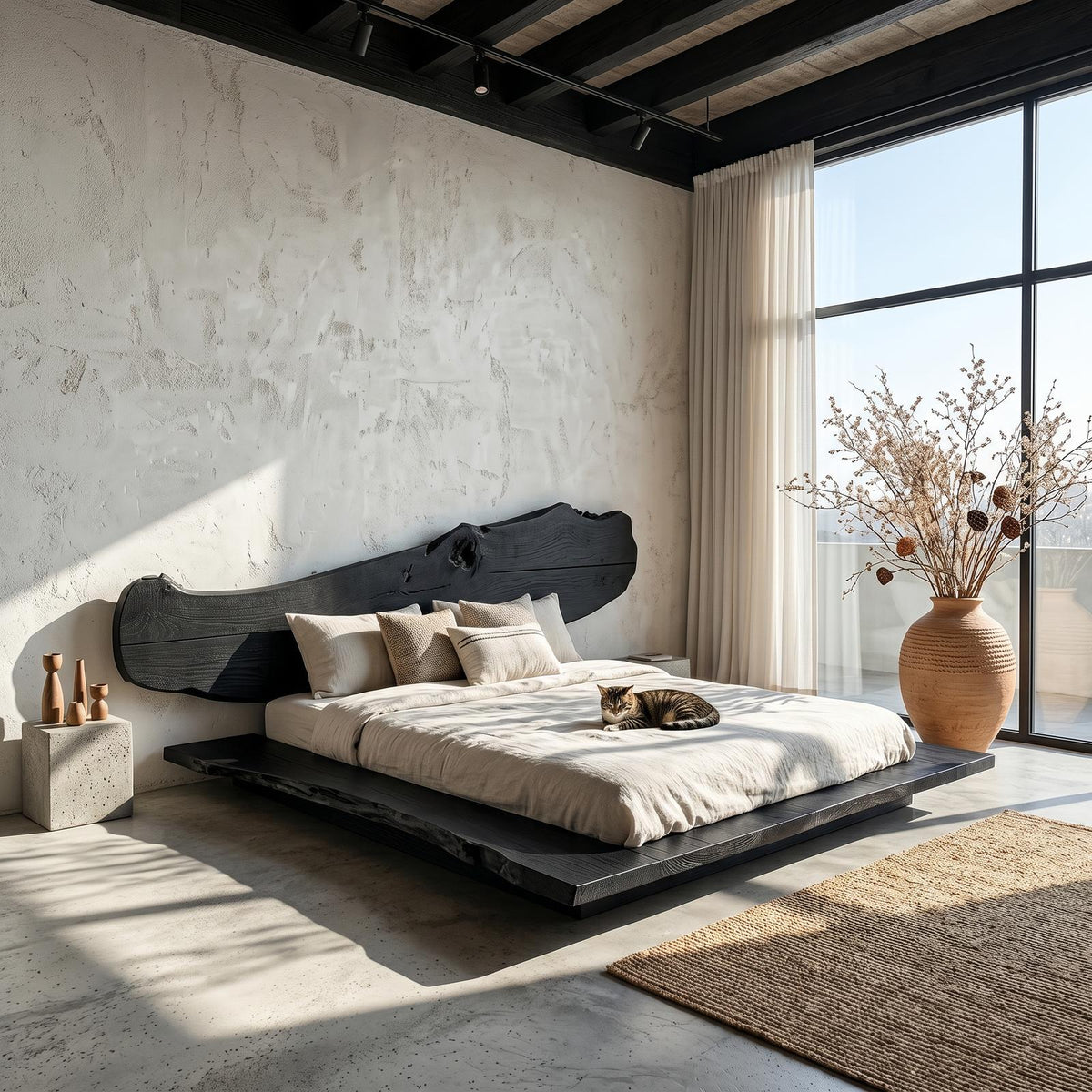 Spry Interior Luxury Organic Bed Frame, Sculptural Solid Wood Headboard Floating Platform Bed, King Queen Size Bedroom Furniture Frame, SINLSAWB131