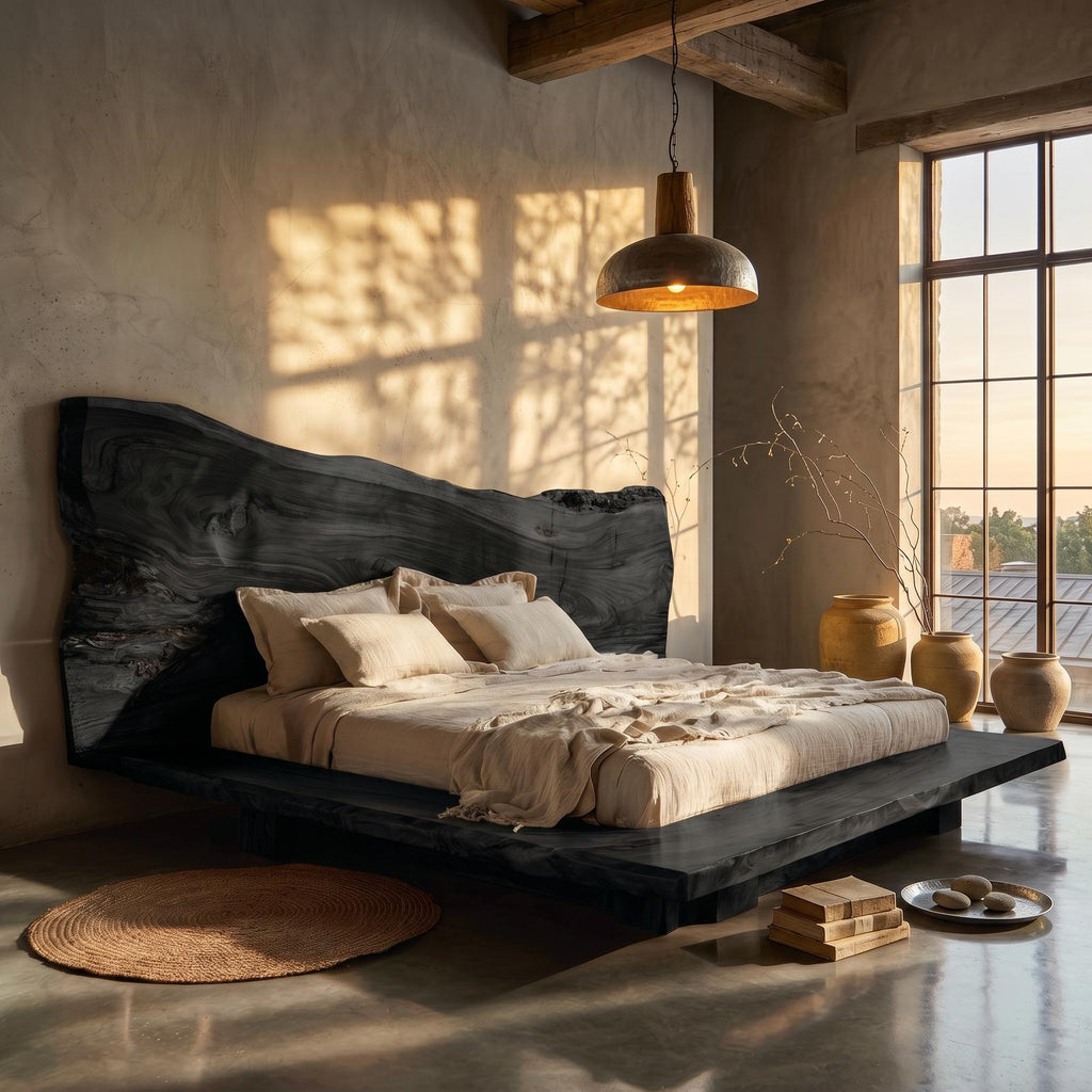 Japandi Bed Frame, Handcrafted Solid Wood Platform Bed Frame with Minimalist Headboard, King Queen Bedroom Furniture