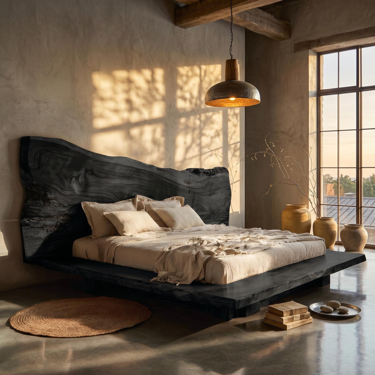 Spry Interior Japandi Bed Frame, Handcrafted Solid Wood Platform Bed Frame with Minimalist Headboard, King Queen Bedroom Furniture, SINLSAWB133