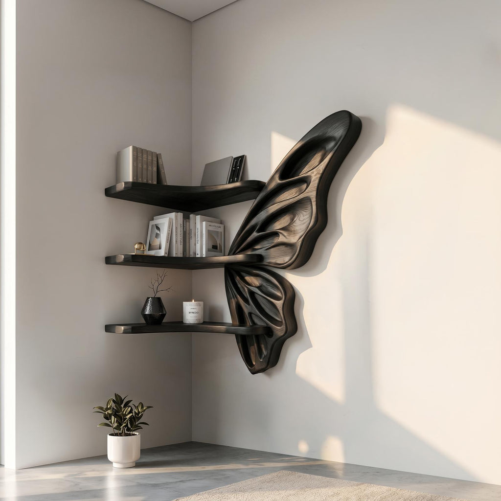 Organic Butterfly Wooden Wall Shelf, Handcrafted Floating Display Tiered Rack for Nursery, Bedroom & Living Room Decorative Storage