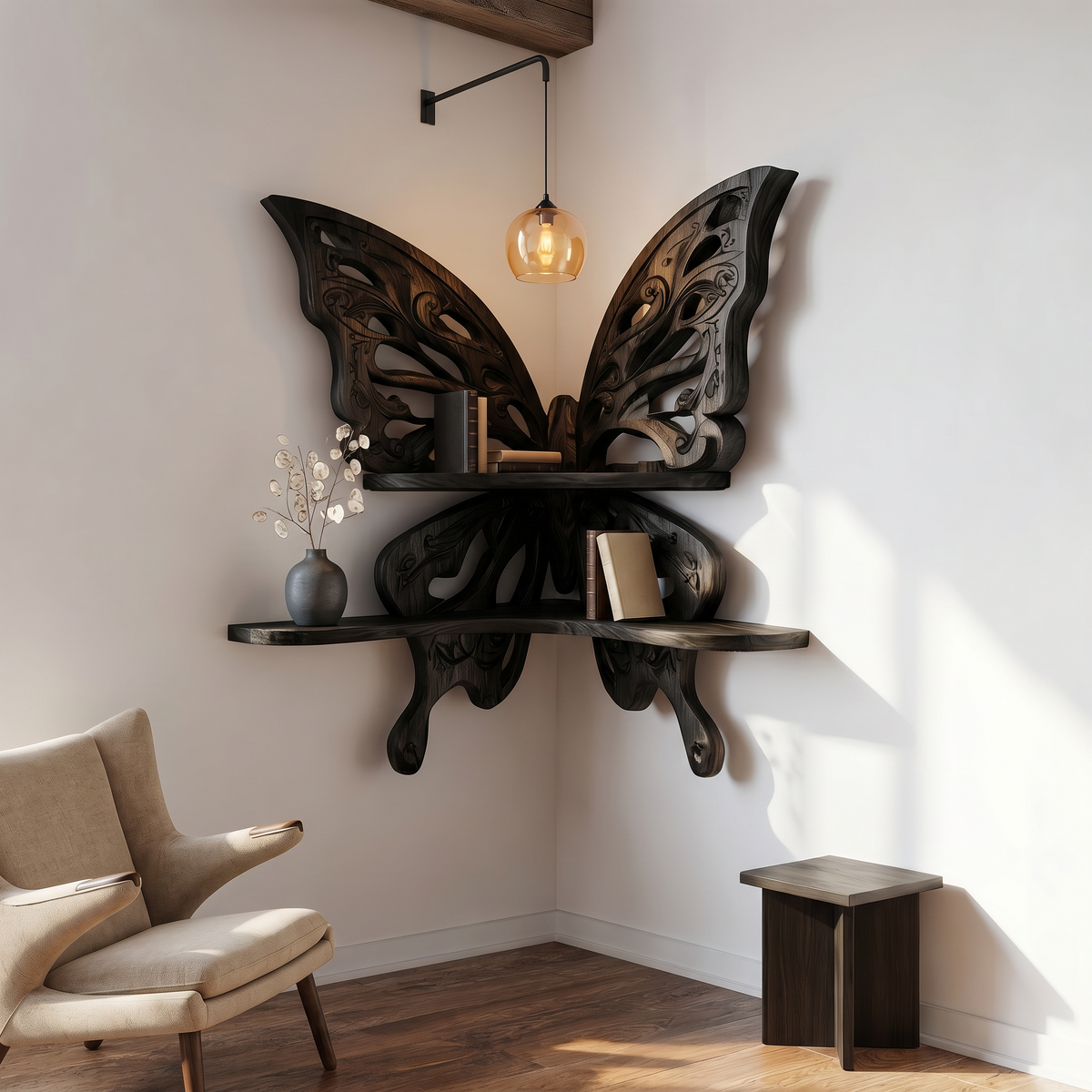 Butterfly-Inspired Floating Shelf, Sculptural Live Edge Wood Wall Shelf for Living Room, Bedroom & Entryway Decor