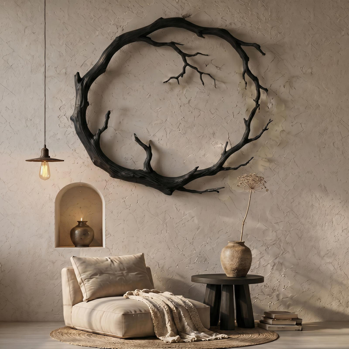 Spry Interior Organic Modern Wood Wall Decor, Round Sculptural Tree Branch Circle Sculpture for Living Room, SINLSAWD124