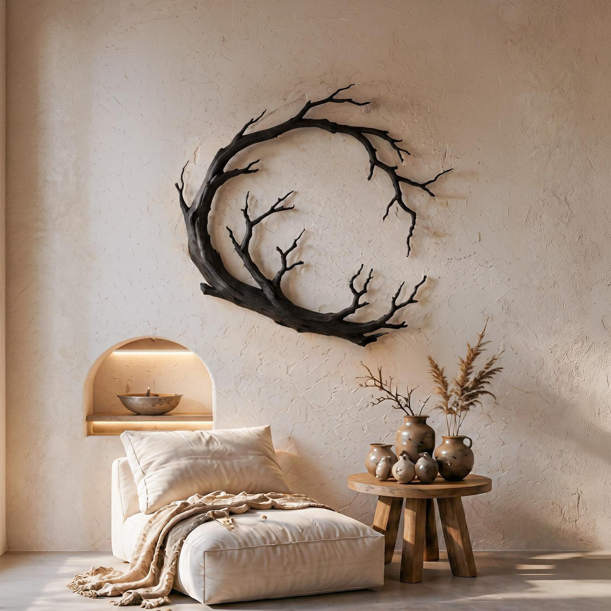 Spry Interior Nature Inspired Wood Wall Decor, Organic Branch Ring Circular Art Sculpture for Living Room, SINLSAWD123