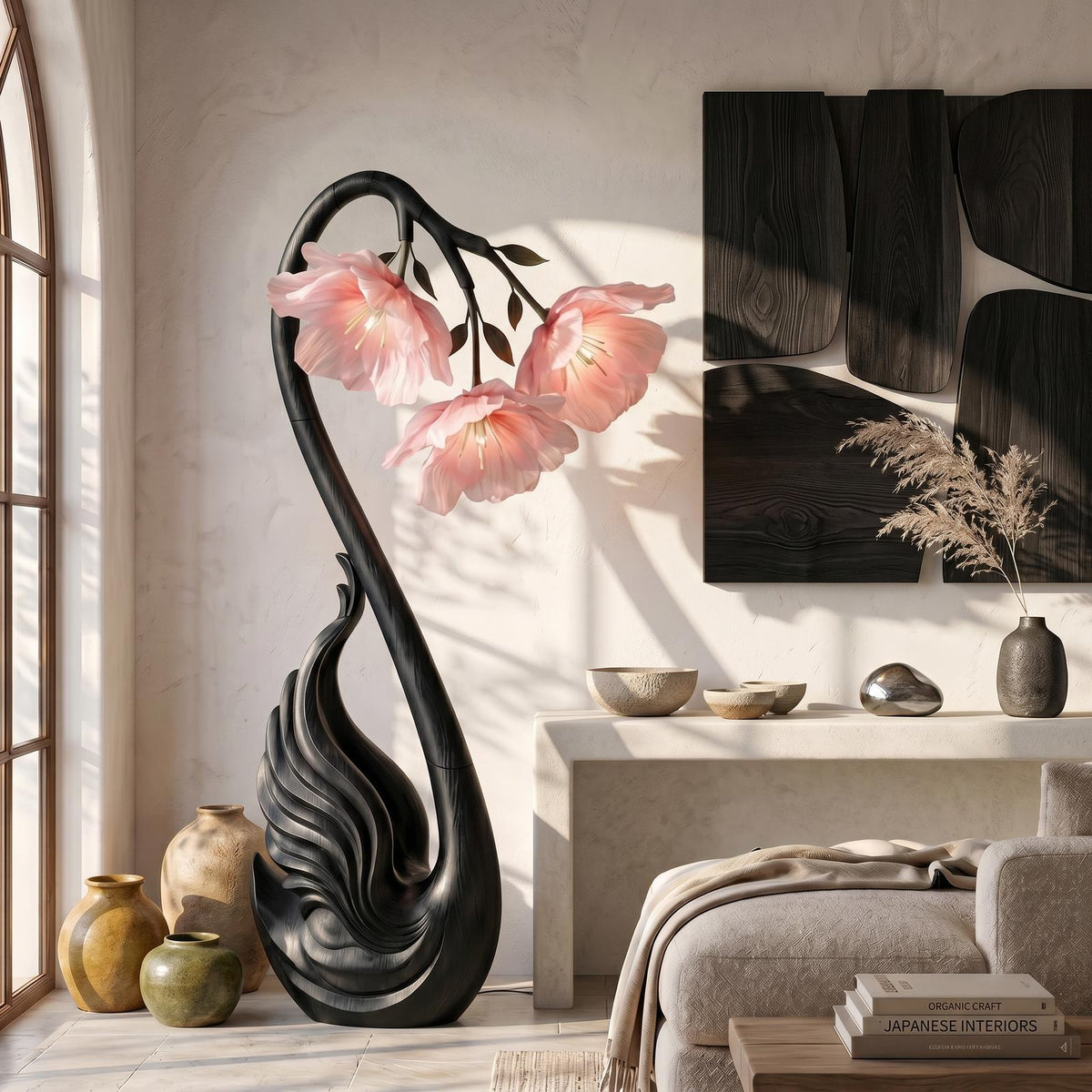 Modern Wood Floor Lamp, Handcrafted Sculptural Flower Shape Standing Accent Light for Living Room, Model