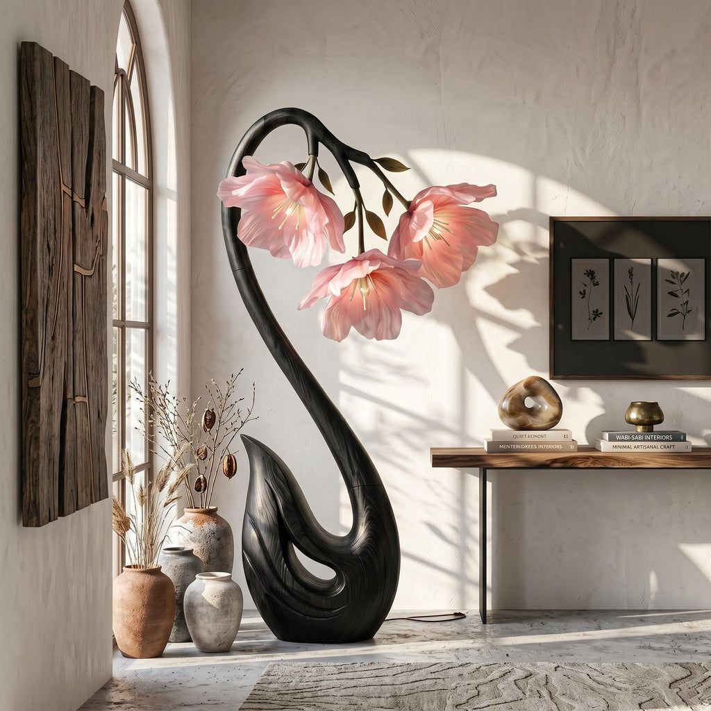 Sculptural Flower Floor Lamp, Handcrafted Organic Wood Blooming Rose Shape Standing Light for Bedroom, Model
