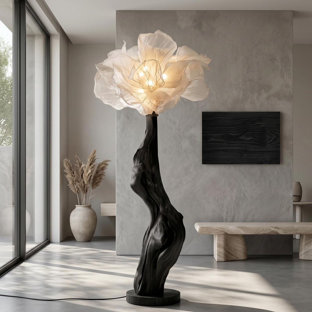 Organic Wood Standing Lamp, Handcrafted Sculptural Bloom Flower Design Tall Floor Lamp for Living Room, Model