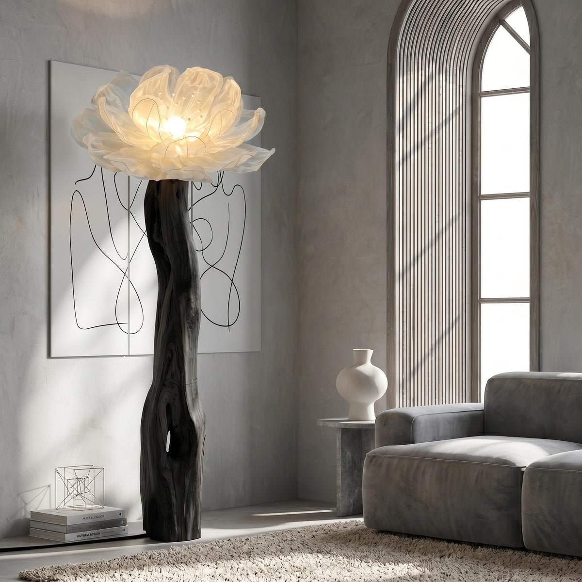Artistic Wood Floor Lamp, Handcrafted Sculptural Flower Arrangement Design Tall Standing Light for Home, Model