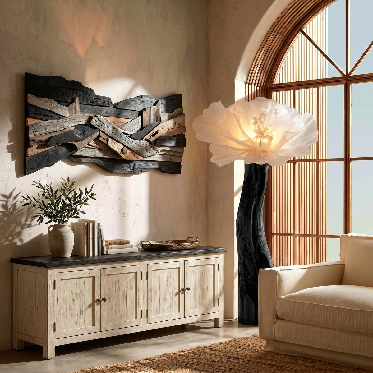 Artistic Flower Floor Lamp Sculptural Wood Base For Living Room