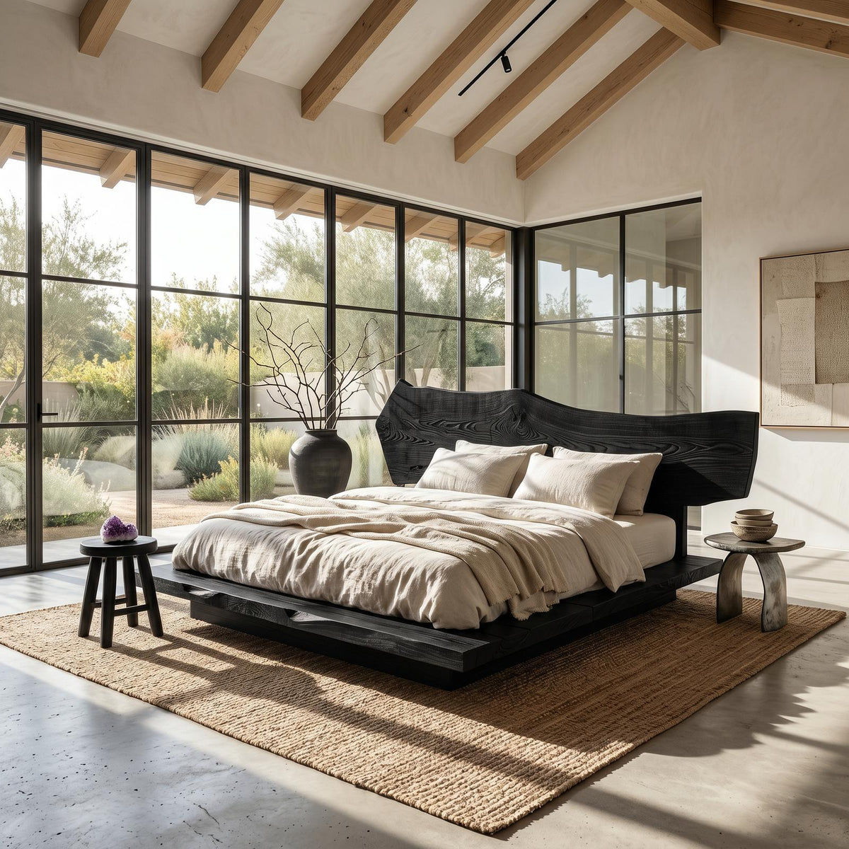 Spry Interior Rustic Bed Frame with Natural Solid Wood Headboard, Handcrafted Low Profile Platform Bed, King Queen Bedroom Furniture, SINLSAWB128