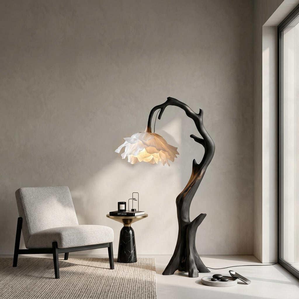 Nature Inspired Flower Floor Lamp with Solid Wood Base, Floral Shade Standing Light for Living Room, Model