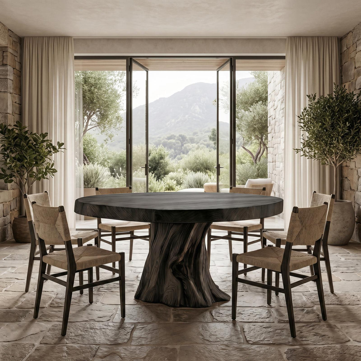 Spry Interior Rustic Modern Round Dining Table, Sculptural Solid Wood Base Kitchen & Dining Room Statement Table, SINLSADT179