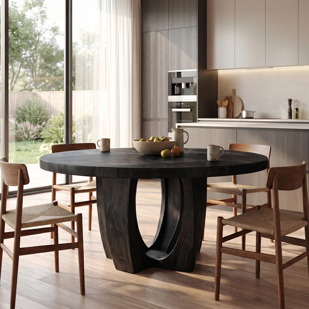 Modern Round Dining Table with Sculptural Wood Base, Handcrafted Solid Wood Kitchen Dining Room Table