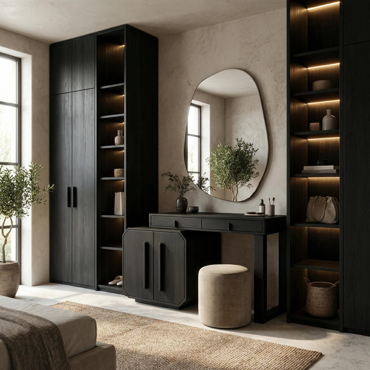 Contemporary Dressing Table With Storage Cabinet Sculptural Design For Bedroom