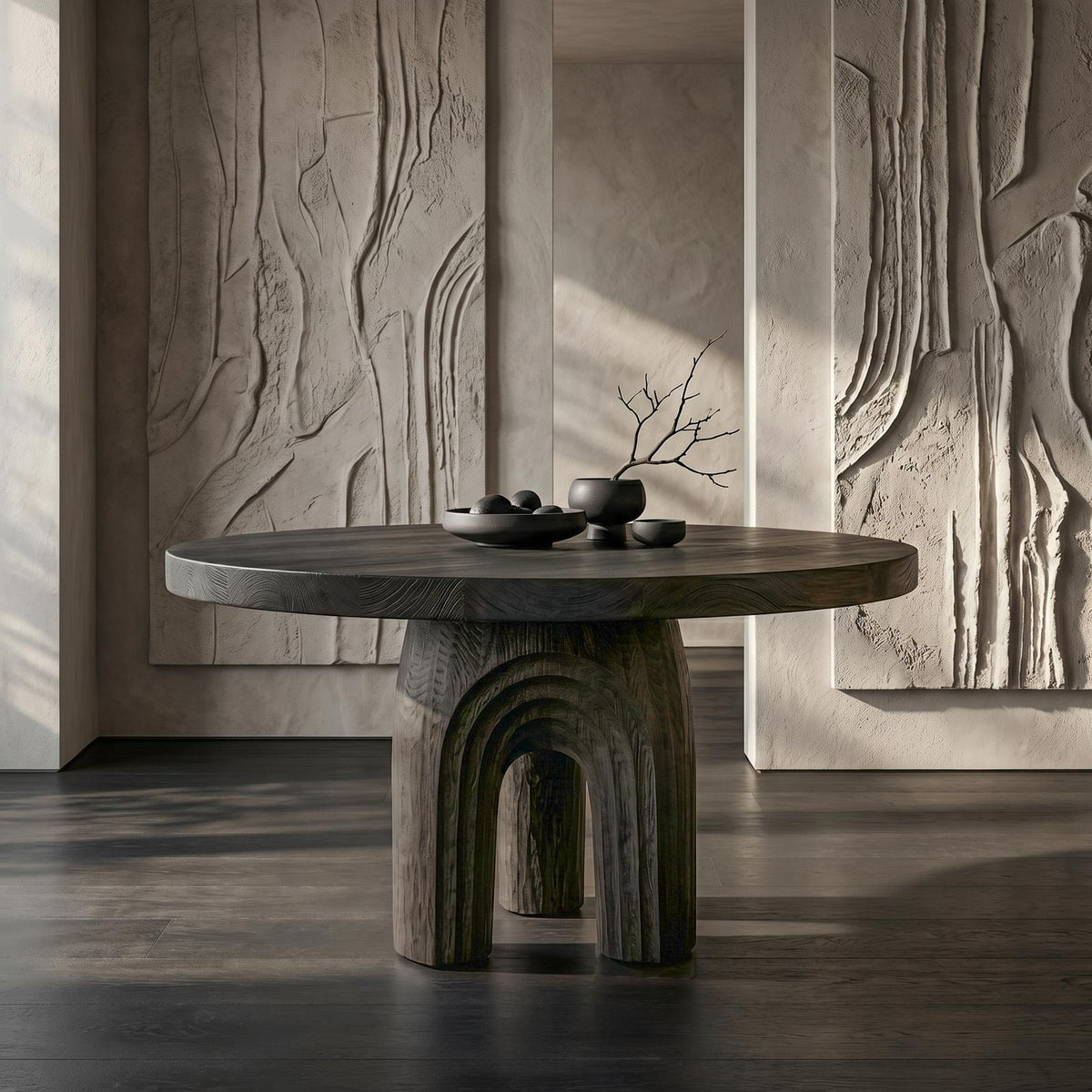 Modern Luxury Sculptural Round Foyer Table, Solid Wood Art Deco Pedestal Entry Table for Lobby, Hallway