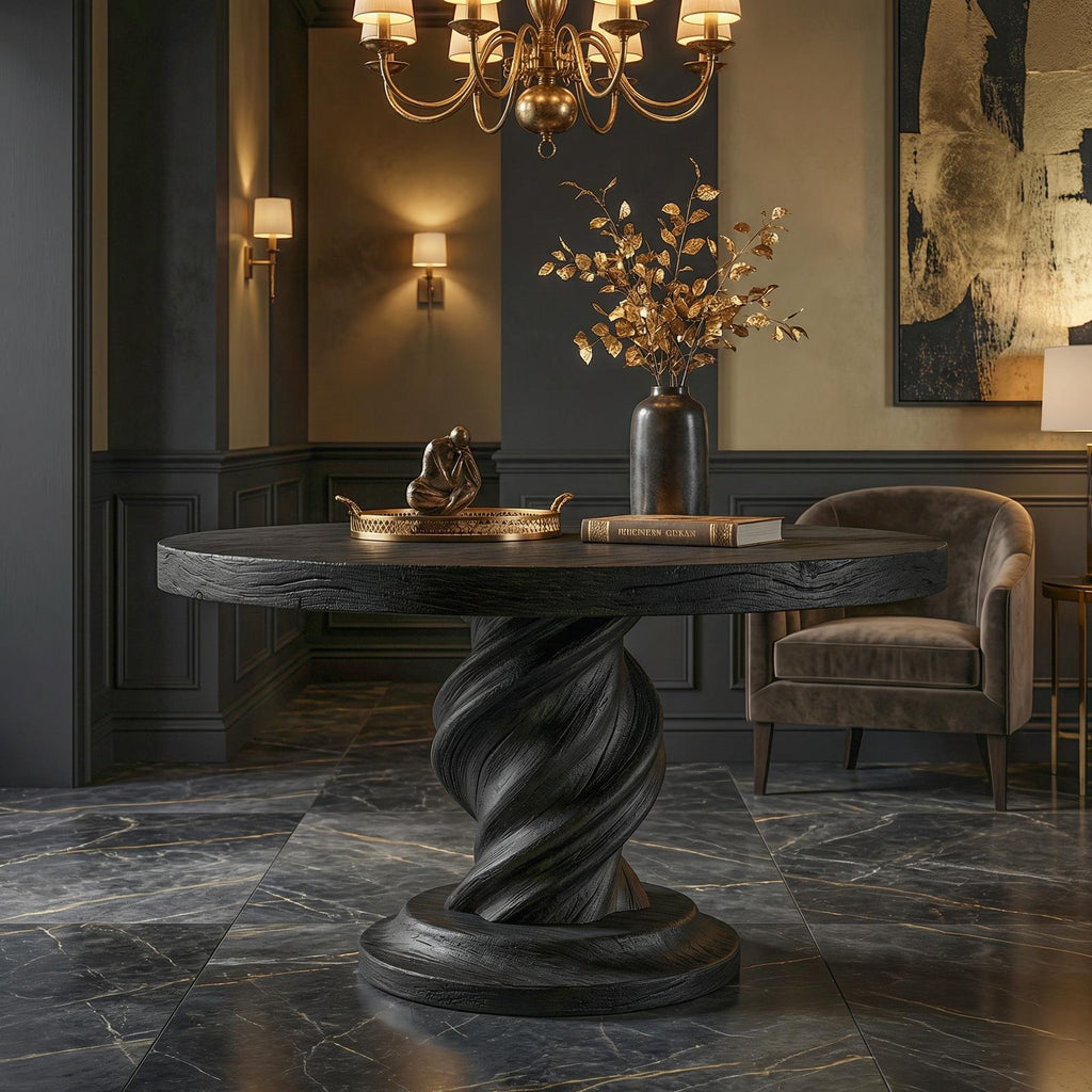 Modern Luxury Spiral Round Foyer Table, Solid Wood Twisted Pedestal Entryway Accent Table for Lobby
