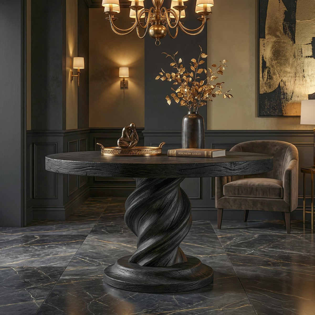 Modern Luxury Spiral Round Foyer Table, Solid Wood Twisted Pedestal Entryway Accent Table for Lobby