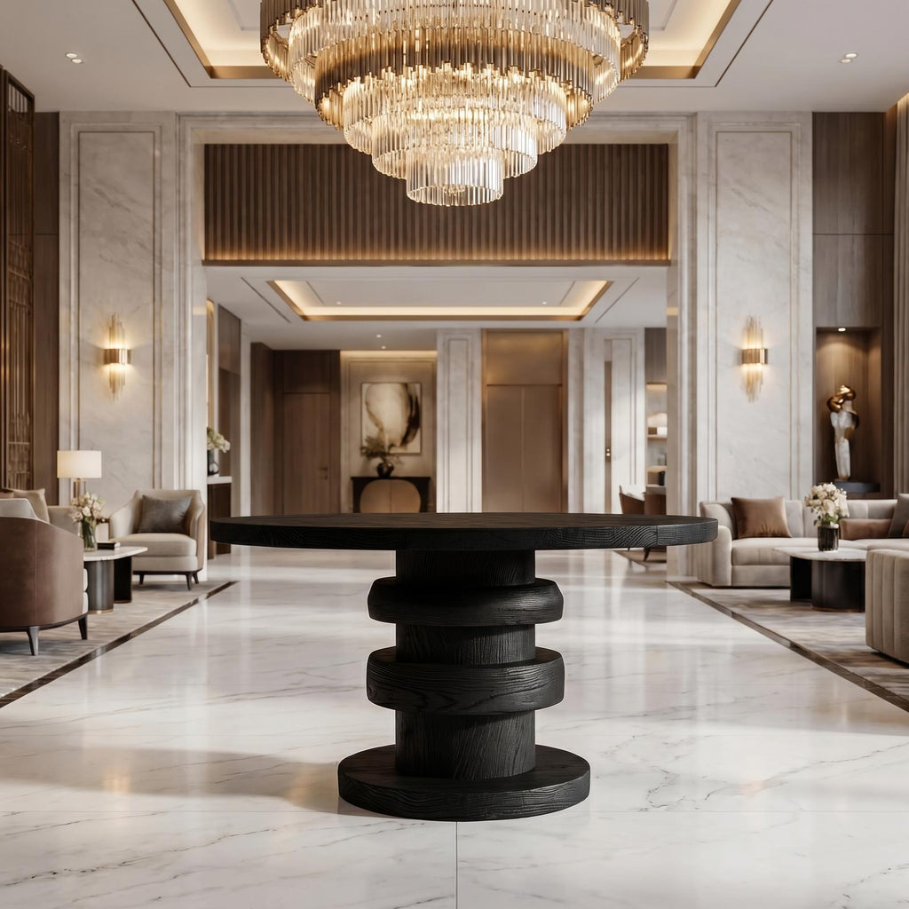 Modern Luxury Architectural Round Foyer Table, Solid Wood Sculptural Pedestal Entry Table for Lobby