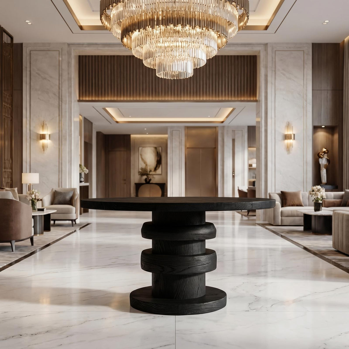 Modern Luxury Architectural Round Foyer Table, Solid Wood Sculptural Pedestal Entry Table for Lobby