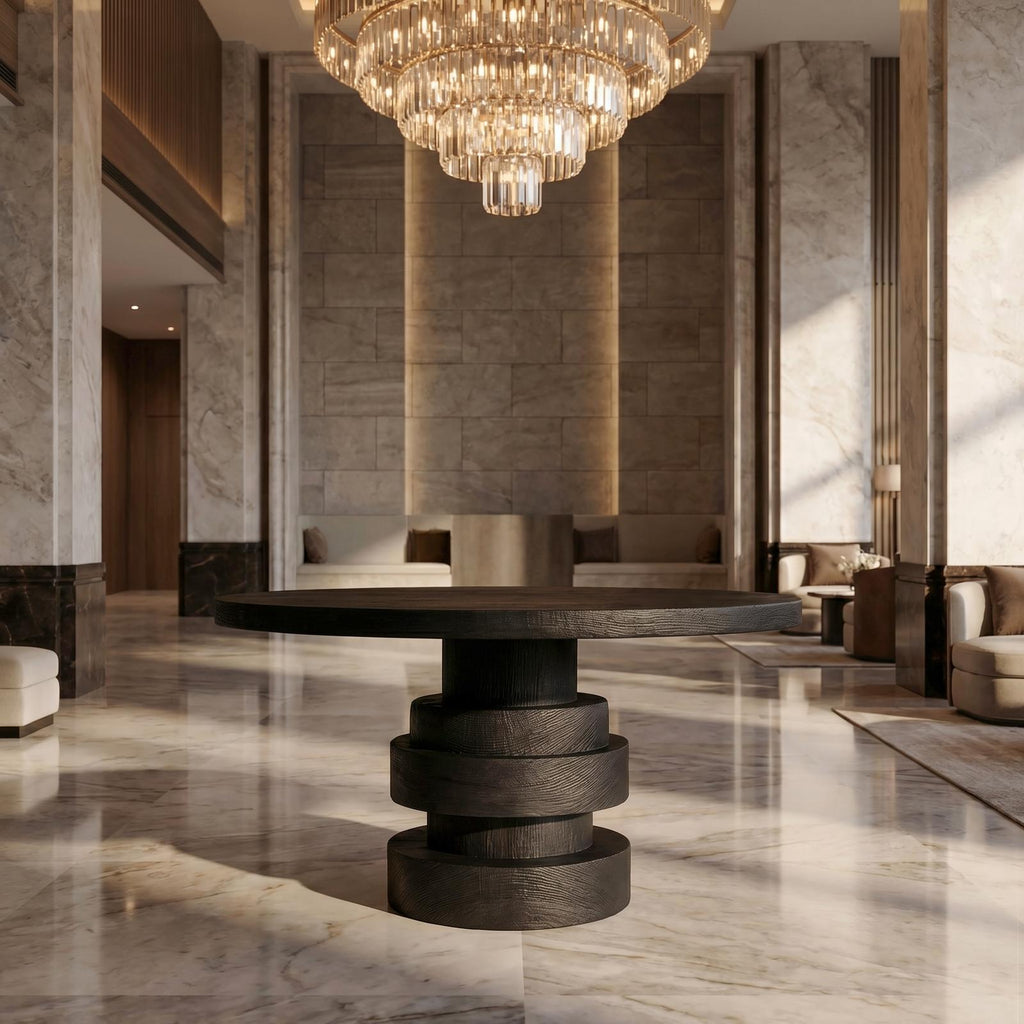 Modern Luxury Stacked Base Round Entryway Table, Solid Wood Architectural Foyer Pedestal Accent Table