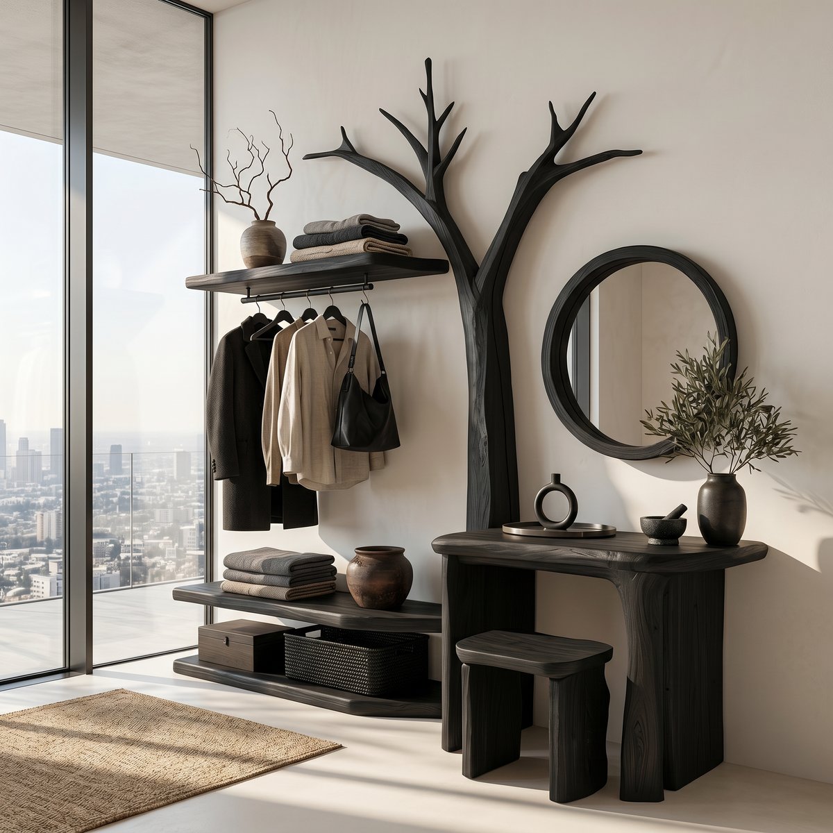 Organic Tree Coat Rack Dressing Table Combo, Integrated Wooden Vanity Set Organizer for Bedroom Dressing Room