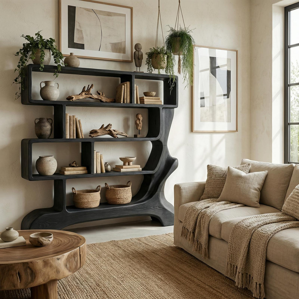 Organic Sculptural Bookshelf, Solid Wood Curved Tree Branch Bookcase, Decorative Display Shelf for Office
