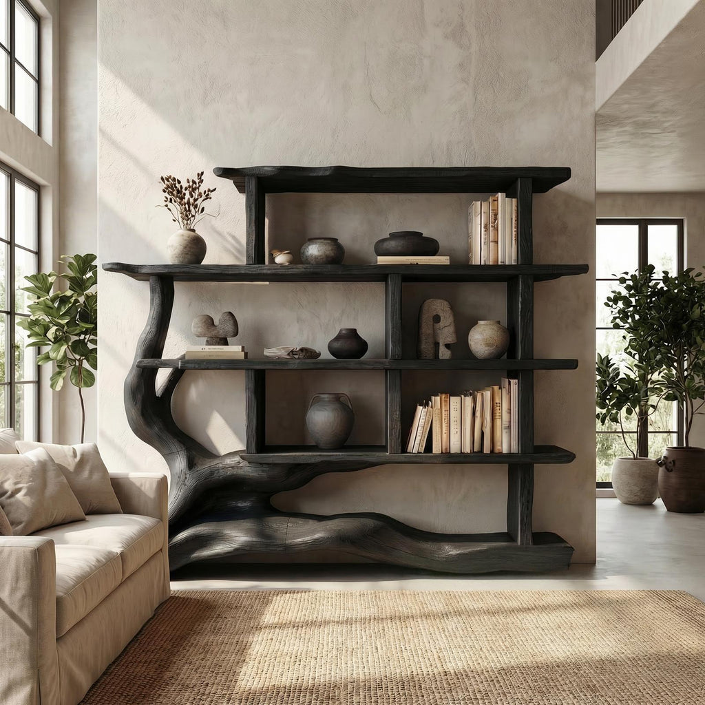 Unique Designer Bookshelf, Solid Wood Sculptural Multi-Tier Bookcase & Display Shelf for Living Room, Office