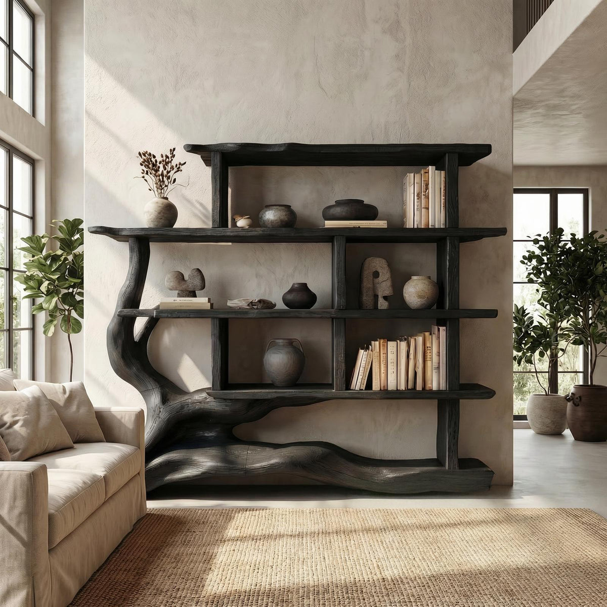 Unique Designer Bookshelf, Solid Wood Sculptural Multi-Tier Bookcase & Display Shelf for Living Room, Office