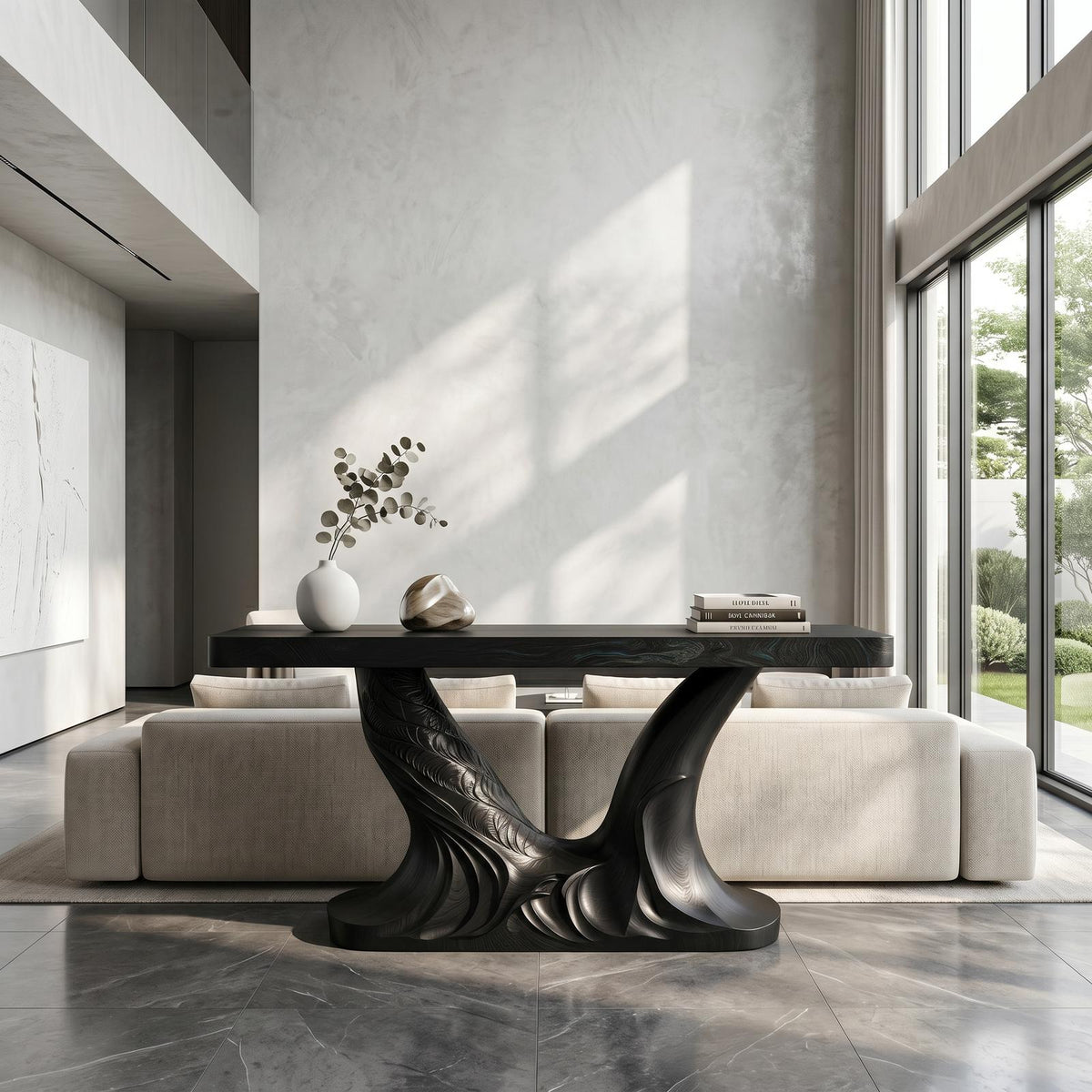 Organic Console Table, Sculptural Double Pedestal Base Solid Wood Entryway Sofa Table for Hallway & Foyer