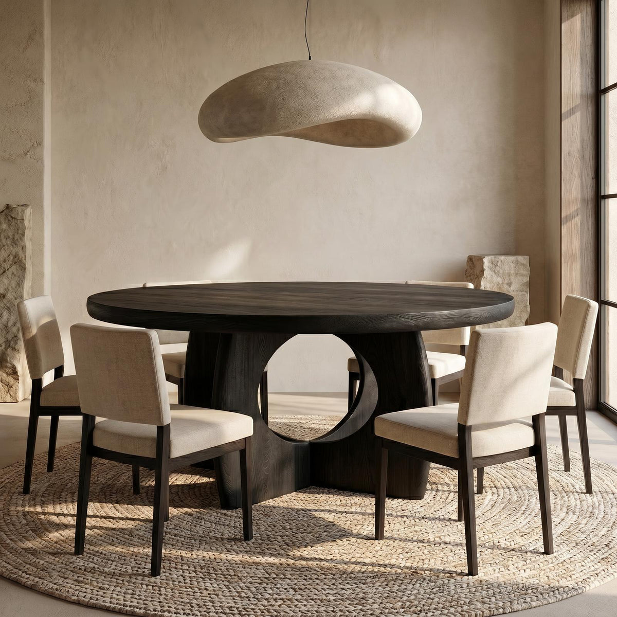 Organic Round Dining Table with Cutout Base, Handcrafted Solid Wood Kitchen Dining Room Table
