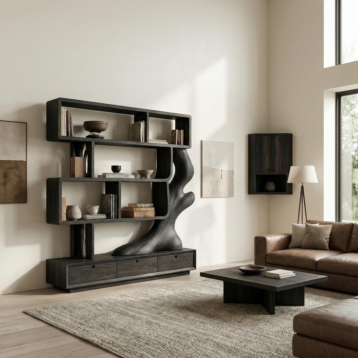 Contemporary Wooden Bookcase With Storage For Living Room