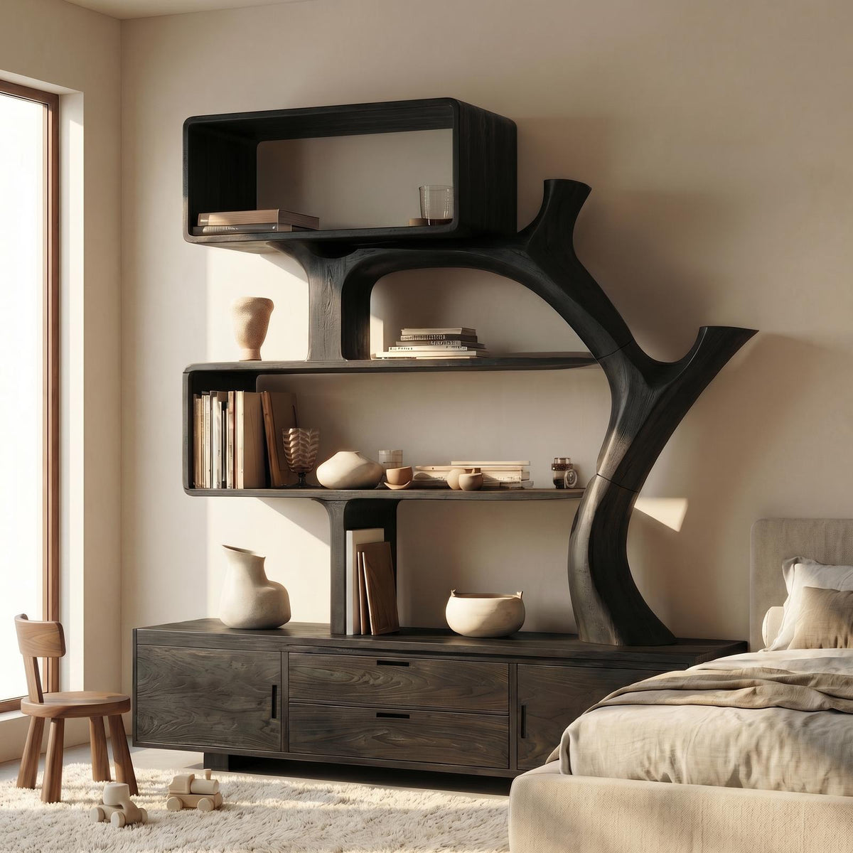 Sculptural Solid Wood Display Shelf with Storage, Modern Bookcase & Bookshelf Unit for Living Room Decor