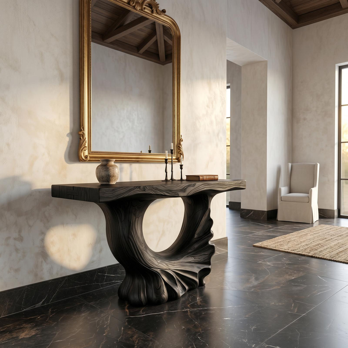 Modern Console Table, Sculptural Ring Form Pedestal Base Solid Wood Entryway Table for Living Room & Foyer
