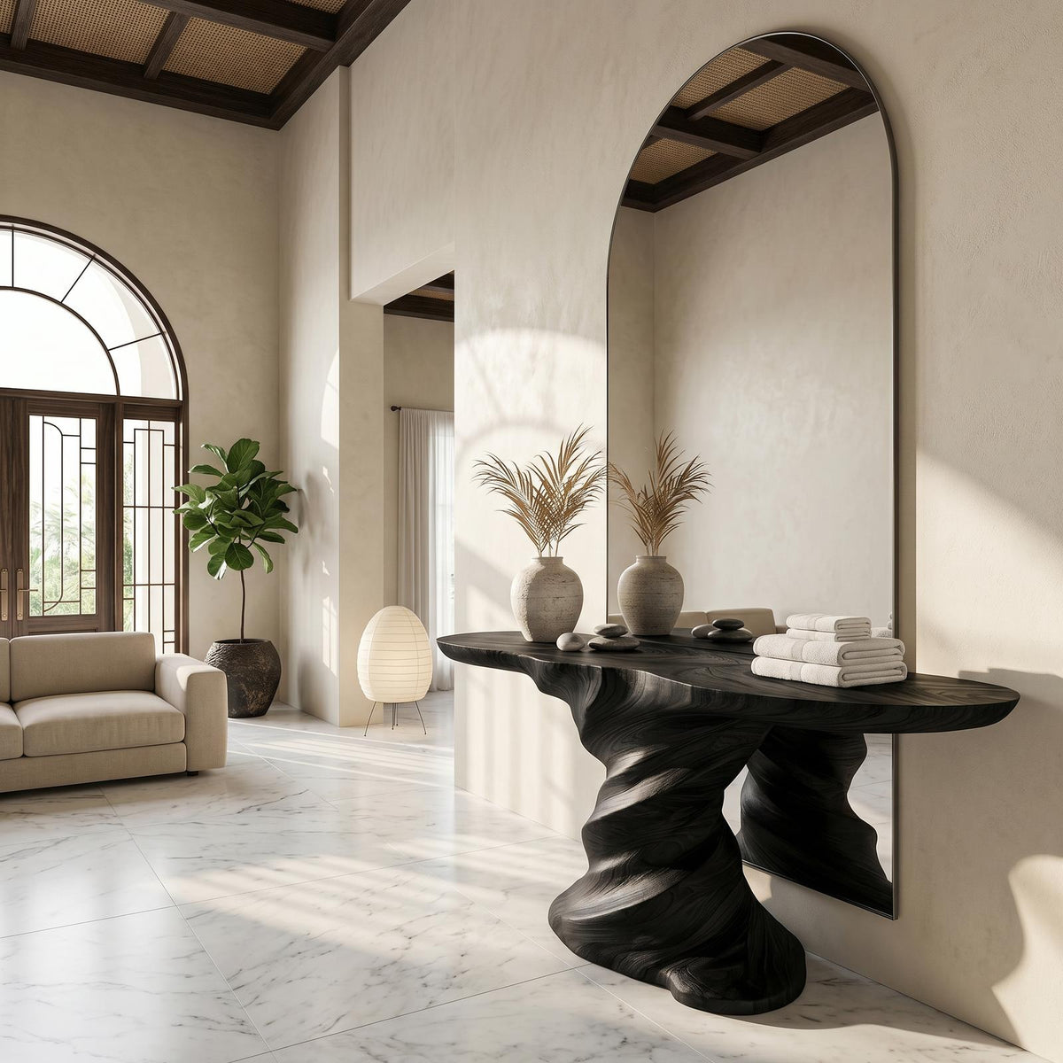 Organic Console Table, Sculptural Helix Base Handcrafted Wood Entryway Table for Hallway & Living Room