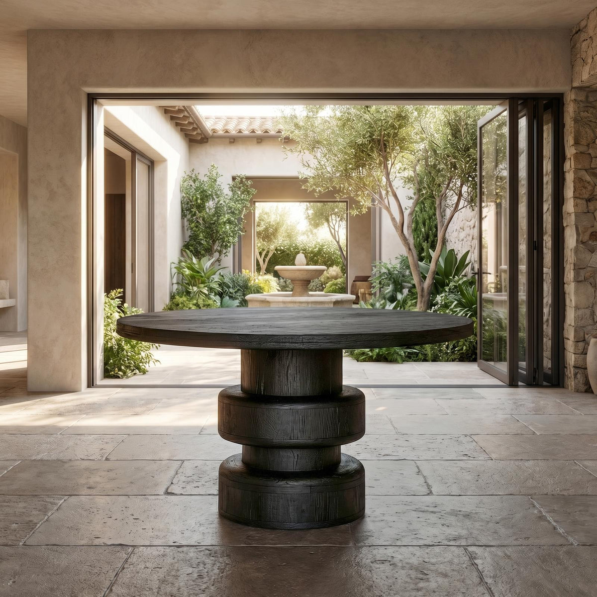 Sculptural Round Entryway Table, Solid Wood Modern Geometric Pedestal Foyer Table, Living Room Accent Stand