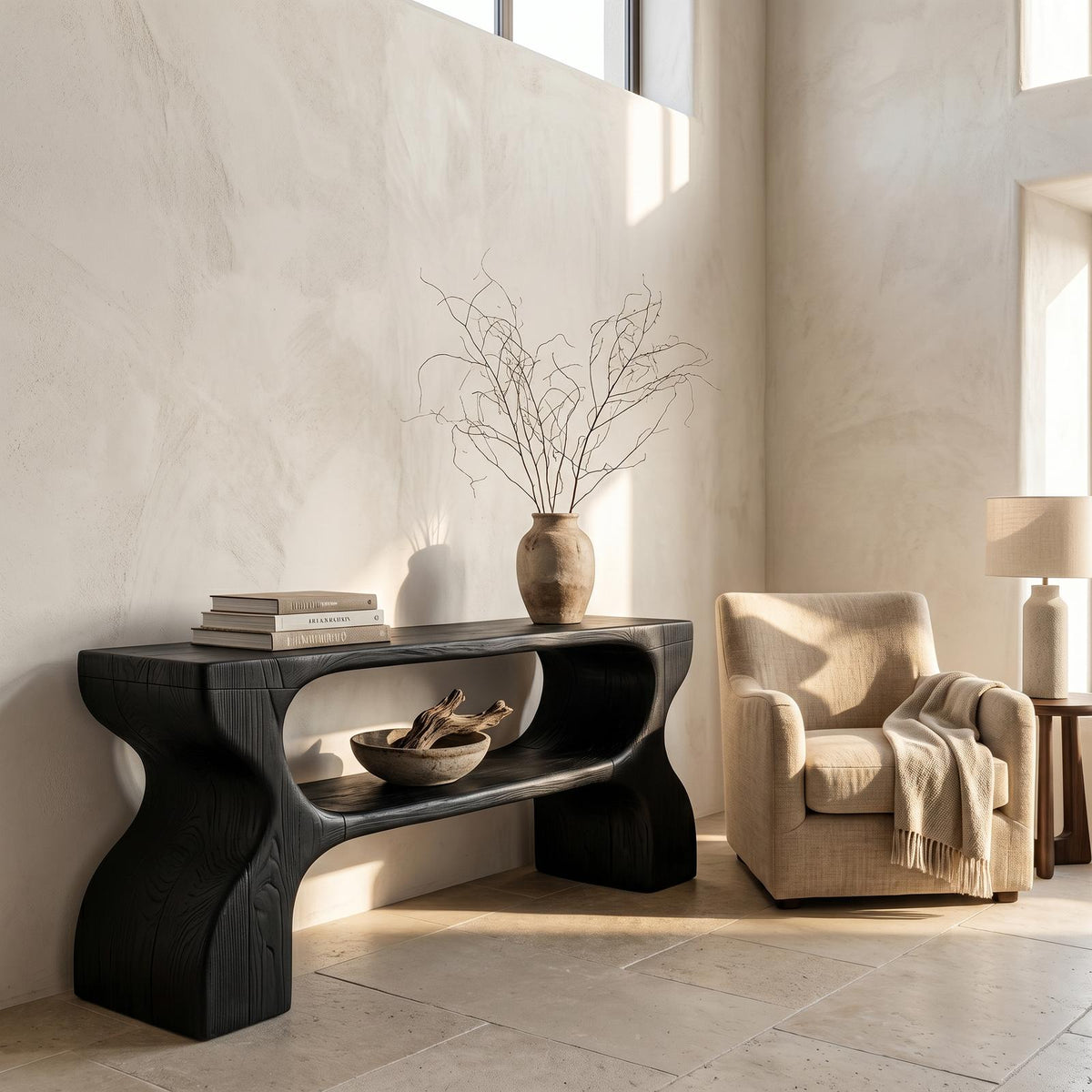 Contemporary Console Table, Architectural Curved Design Wood Entryway Table, Minimalist Sofa Table for Foyer