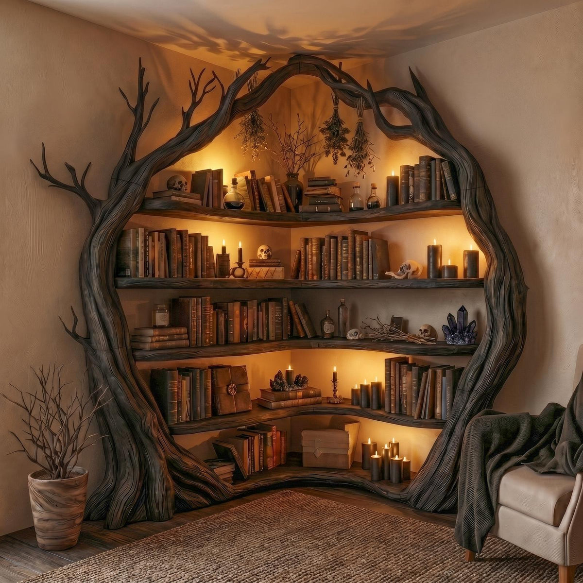 Statement Tree Corner Bookshelf For Living Room And Reading Nook