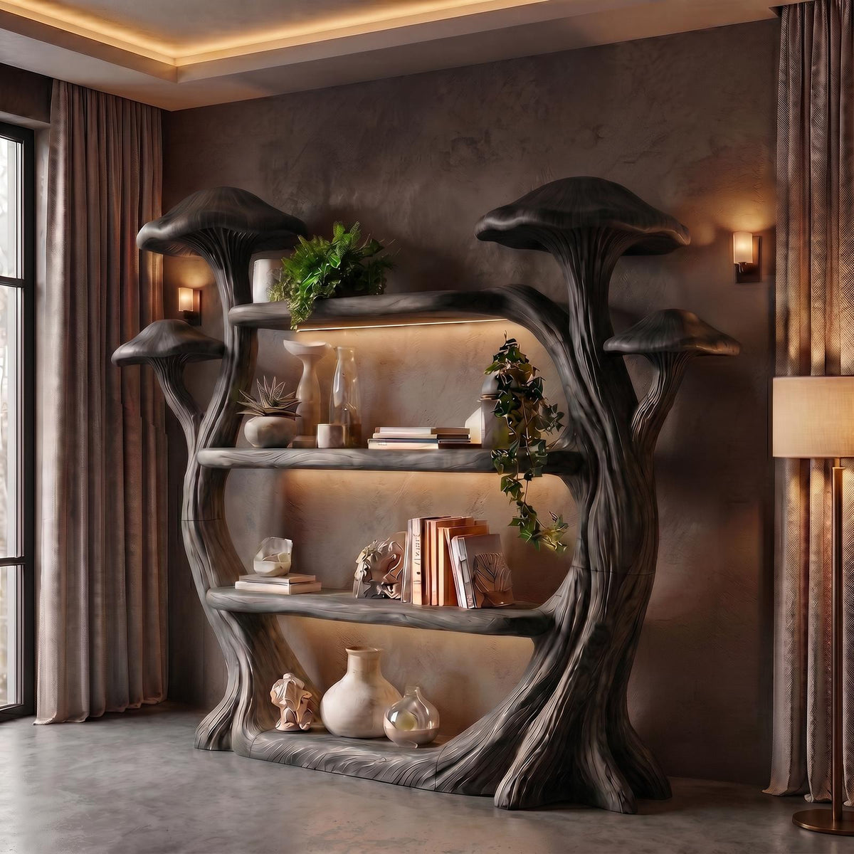 Natural Wood Mushroom Bookcase For Living Room And Reading Room