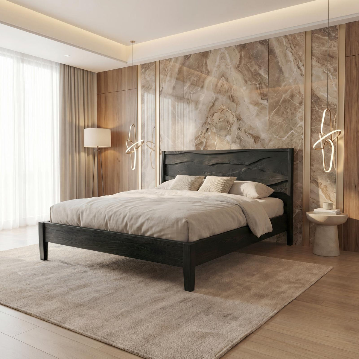 Rustic Natural Wood Bed Frame, Solid Wood Live Edge Platform Bed, Handcrafted Mid-Century Bedroom Furniture